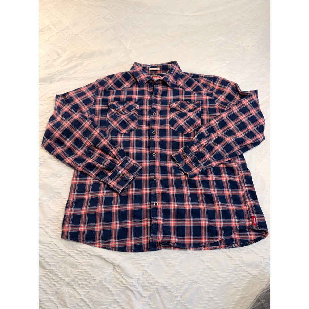 Wrangler Flex for Comfort Mens XL Navy Red Plaid Flannel Button Down Stretch